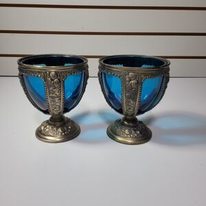 Set Of Ornate 5" Brass Metal Goblet Teal Ocean Blue Glass Cup Candle Holder Dish